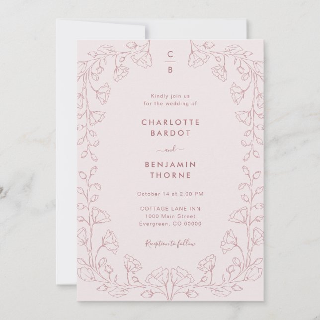 Invitación de boda rosa monograma (Anverso)