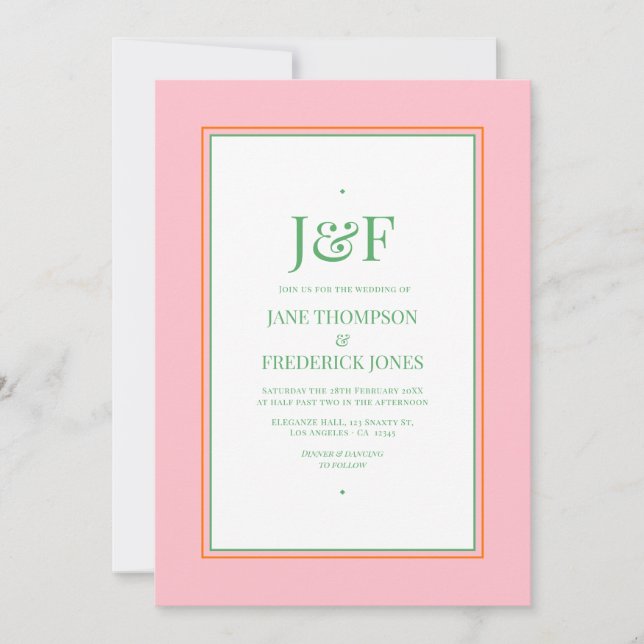 Invitación de boda rosa, naranja y verde (Anverso)