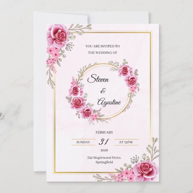 Invitación de boda rosa personalizada | Editable (Anverso)