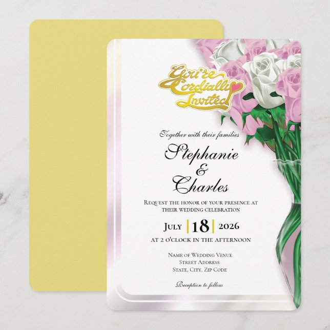 Invitación de Boda Rosa Pink - Letra Dorada 1 (Anverso / Reverso)