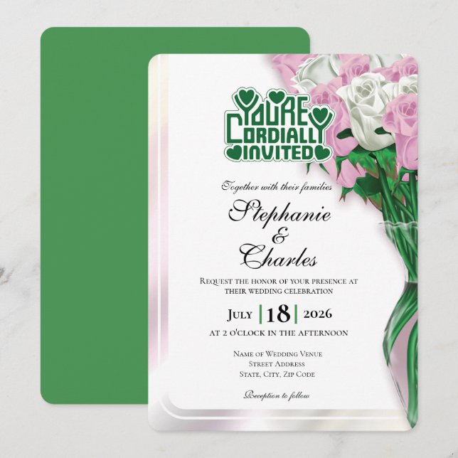 Invitación de Boda Rosa Pink - Letra Verde 3 (Anverso / Reverso)