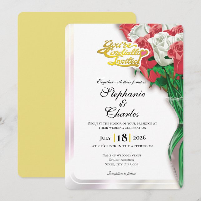 Invitación de Boda Rosa Roja - Letra Dorada 2 (Anverso / Reverso)