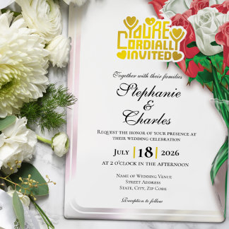 Invitación de Boda Rosa Roja - Letra Dorada 4