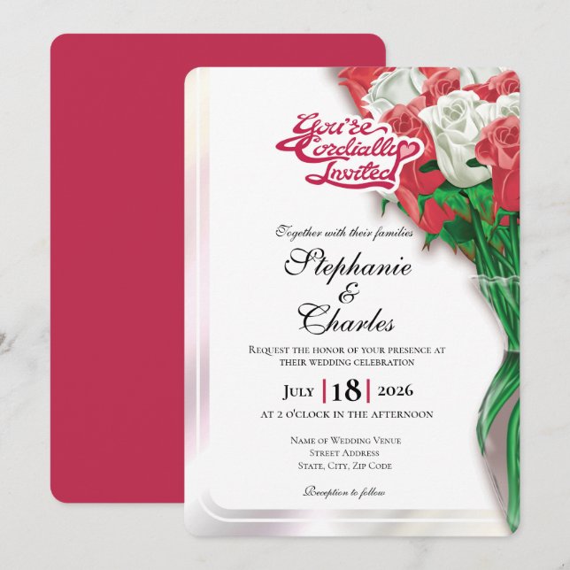 Invitación de Boda Rosa Roja - Letra Roja 2 (Anverso / Reverso)