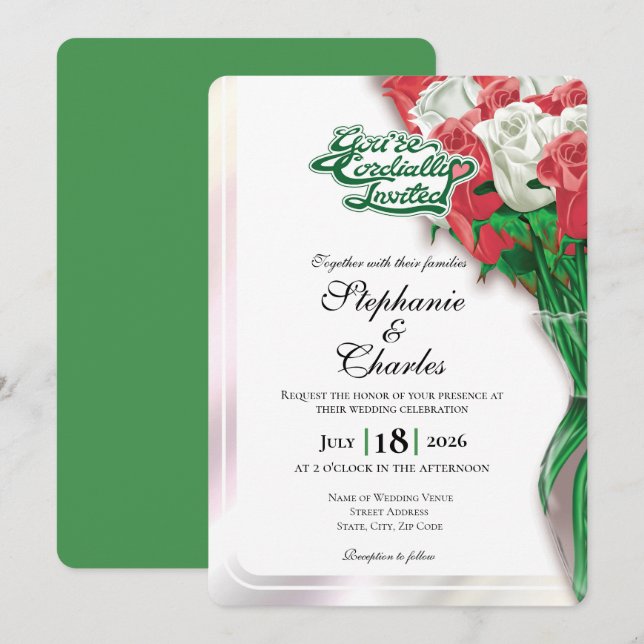 Invitación de Boda Rosa Roja - Letra Verde 1 (Anverso / Reverso)