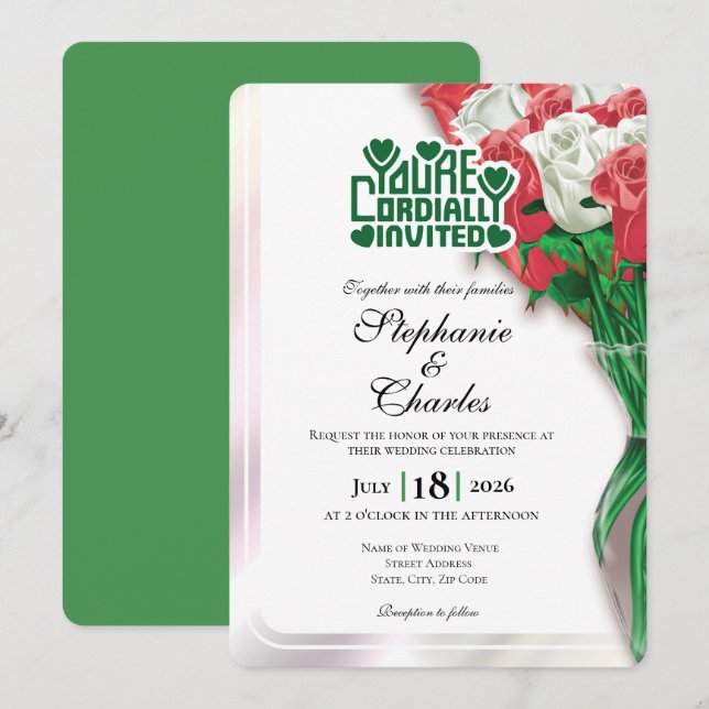Invitación de Boda Rosa Roja - Letra Verde 4 (Anverso / Reverso)