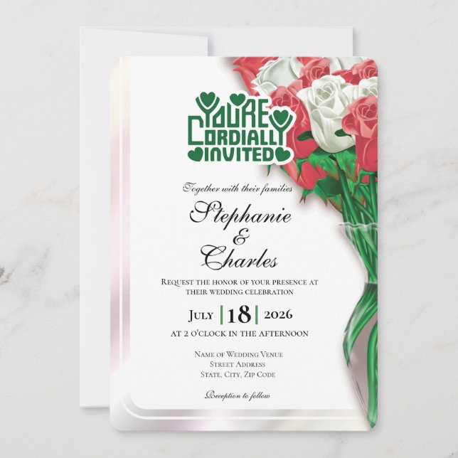 Invitación de Boda Rosa Roja - Letra Verde 4 (Anverso)