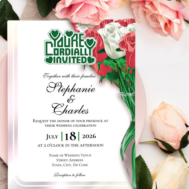 Invitación de Boda Rosa Roja - Título Verde #3 (Red and White roses in vase wedding invite design with green heading)
