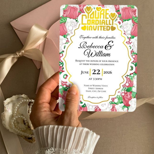 Invitación de Boda Rosa Roja y Blanca - Letra Dora (Red and White rose background with decorative border wedding invite design with gold heading)