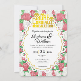 Invitación de Boda Rosa Roja y Blanca - Letra Dora