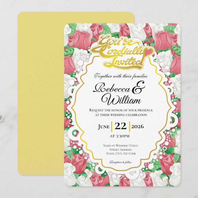Invitación de Boda Rosa Roja y Blanca - Letra Dora (Anverso / Reverso)