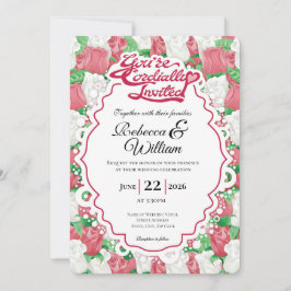 Invitación de Boda Rosa Roja y Blanca - Letra Roja
