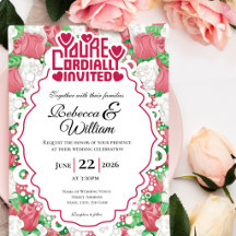 Invitación de Boda Rosa Roja y Blanca - Letra Roja