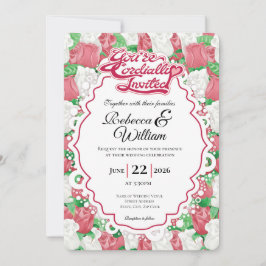 Invitación de Boda Rosa Roja y Blanca - Letra Roja