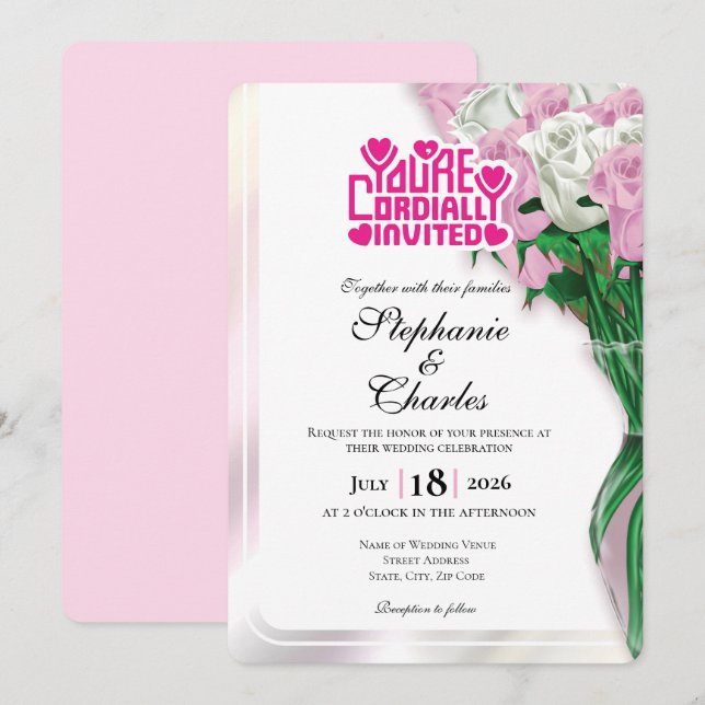 Invitación de Boda Rosa Rosada - Letra Rosa 4 (Anverso / Reverso)