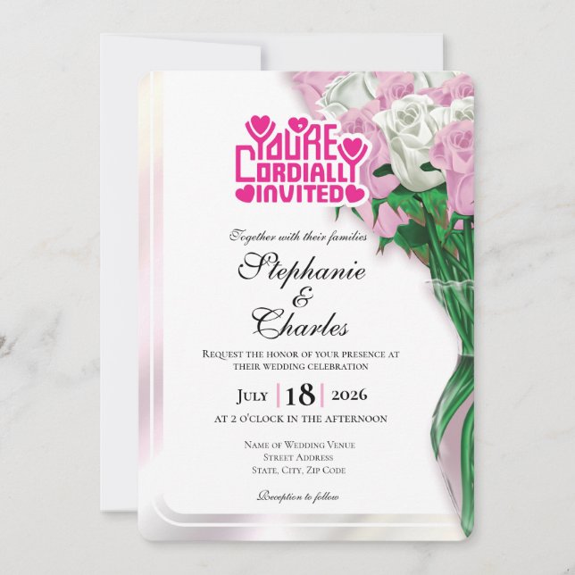 Invitación de Boda Rosa Rosada - Letra Rosa 4 (Anverso)
