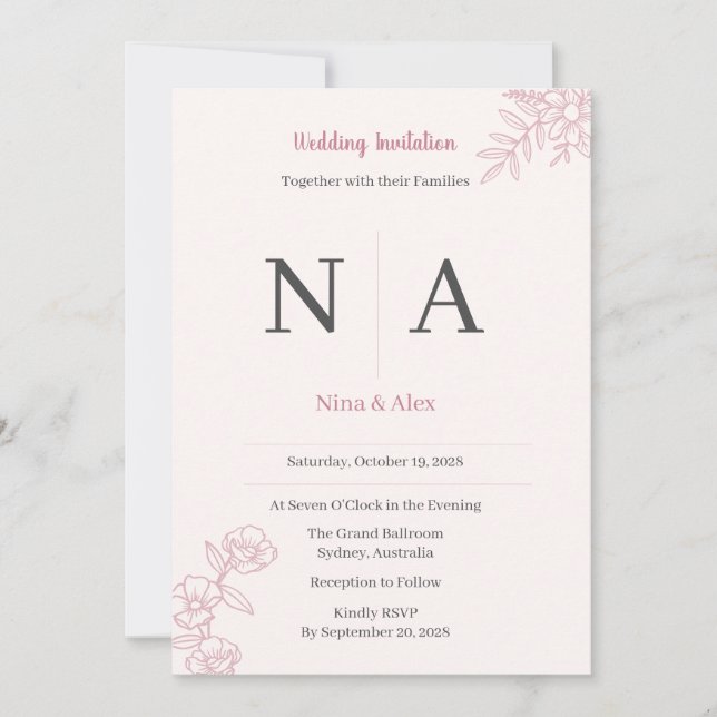 Invitación de boda rosa rubor (Anverso)