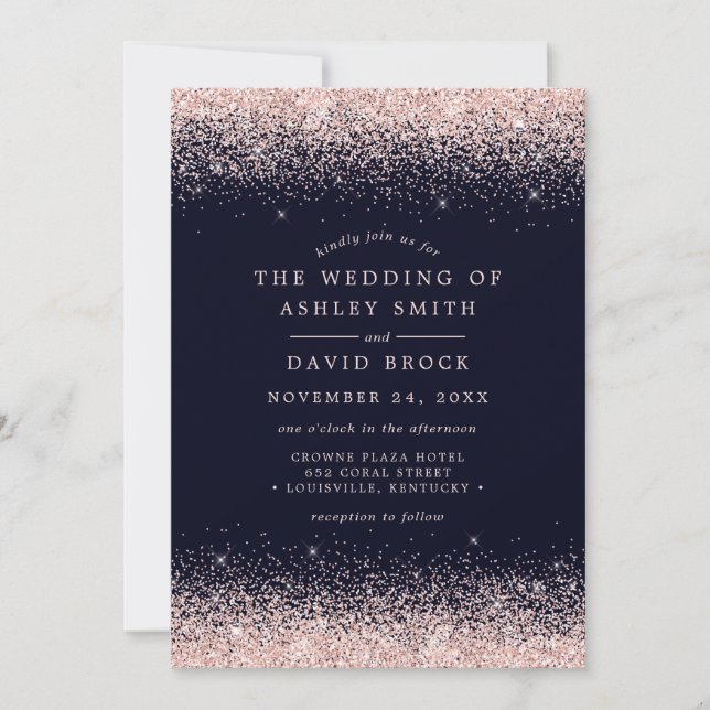 Invitación de Boda Rosa Rubor Confeti Azul Marino (Anverso)