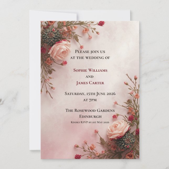 Invitación de Boda Rosa Rubor | Floral Romántica (Anverso)