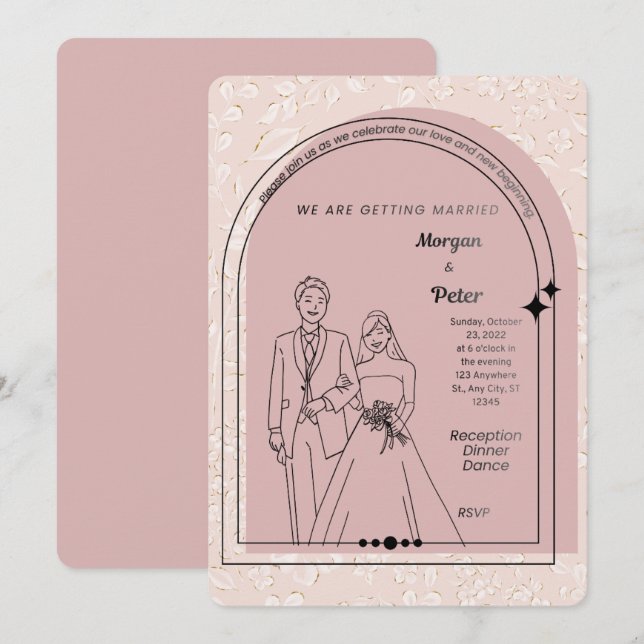 Invitación de Boda Rosa Rubor | Moderno Editable A (Anverso / Reverso)