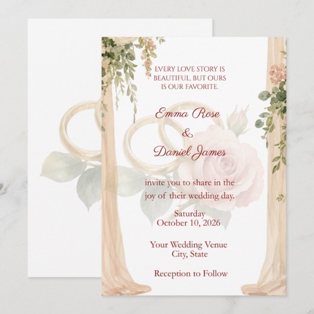 Invitación de boda Rosa Rubor y Floral Draped | Ro (Anverso / Reverso)