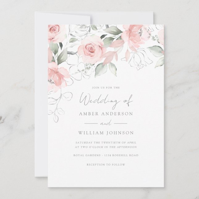 Invitación de boda rosa suave Bloom Soft Blush Pin (Anverso)