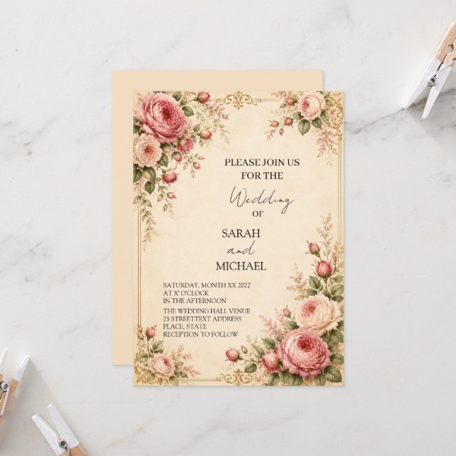 Invitación de boda Rosa Vintage  (Anverso/Reverso In Situ)