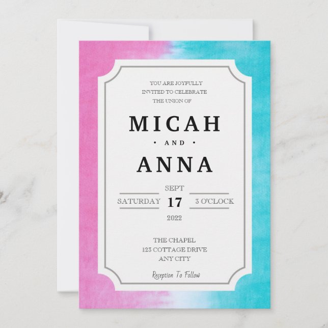 Invitación de boda rosa y azul (Anverso)
