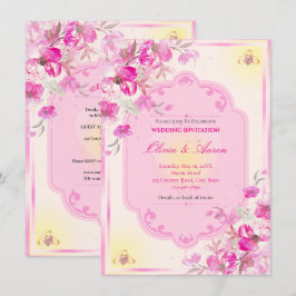 Invitación de boda rosa y dorado vibrante