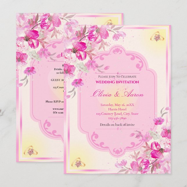 Invitación de boda rosa y dorado vibrante (Anverso / Reverso)
