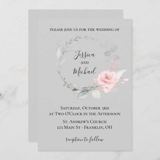 Invitación de boda rosa y gris - Corona de rosas (Anverso / Reverso)