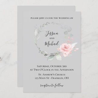 Invitación de boda rosa y gris - Corona de rosas