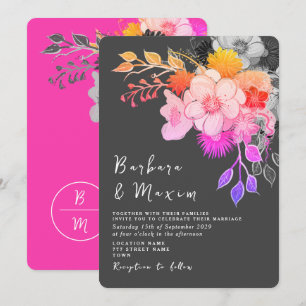 Invitación de Boda Rosa y Negro con Floral en Negr