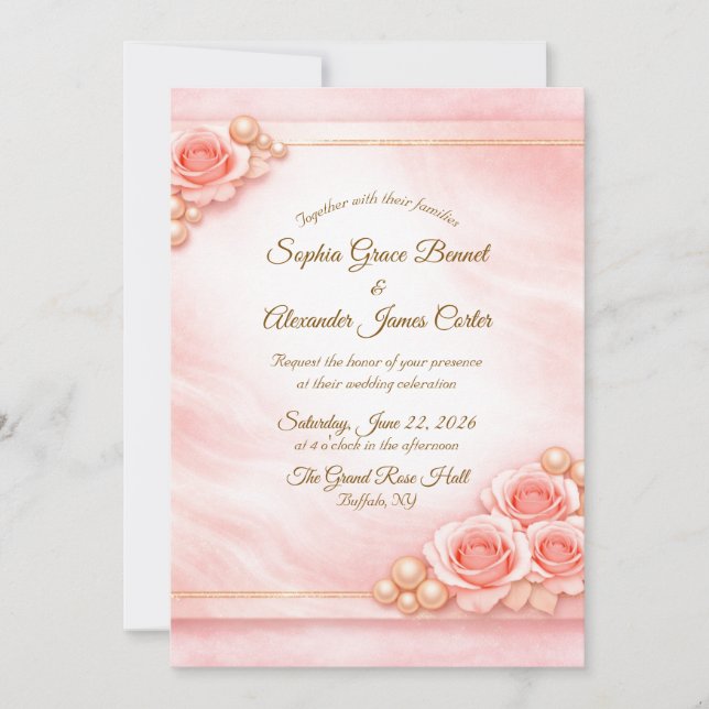 Invitación de boda rosa y perla (Anverso)