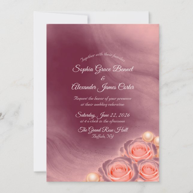 Invitación de boda rosa y perla (Anverso)
