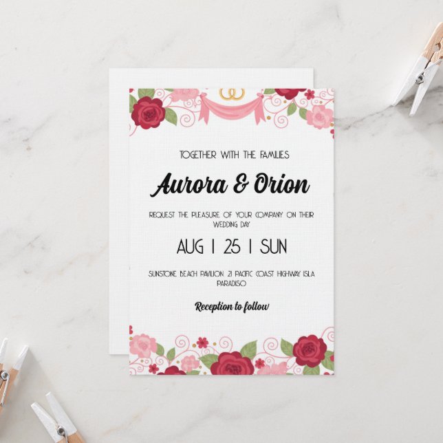 invitación de boda rosa y roja retro (Anverso/Reverso In Situ)