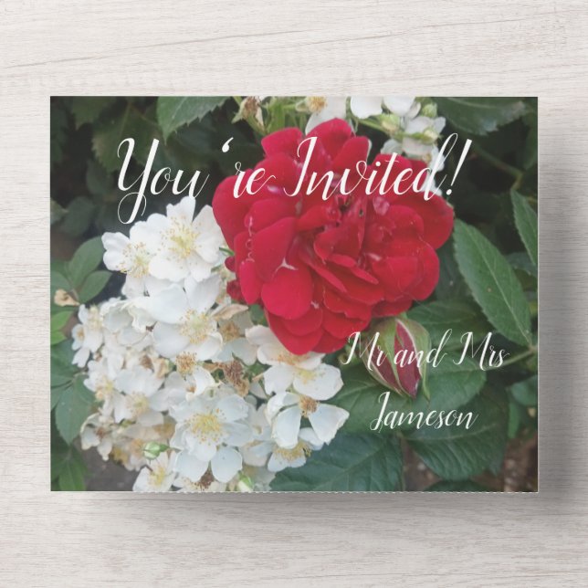 Invitación de Boda Rosas Rojas Todo en Uno (Anverso)