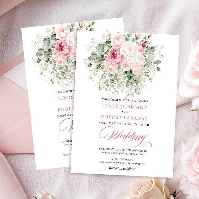 Invitación de boda Rosas Rosadas Chic Rústico (Rustic Chic Blush Roses Wedding Invitation)