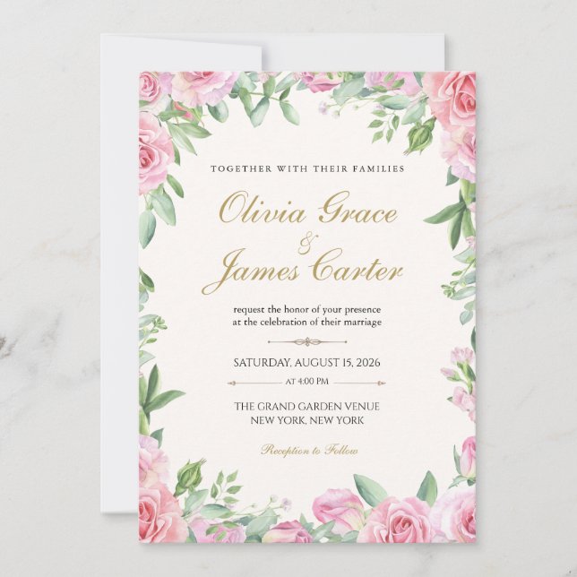 Invitación de Boda Rosas Rosadas | Floral Editable (Anverso)