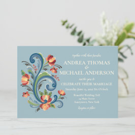 Invitación de boda Rosemaling azul y rojo