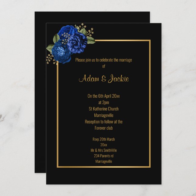 INVITACIÓN DE BODA ROYAL AZUL ORO FLORAL (Anverso / Reverso)
