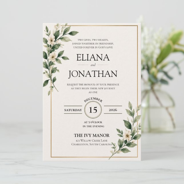 Invitación de boda Royal Emerald Leaf (Anverso de pie)