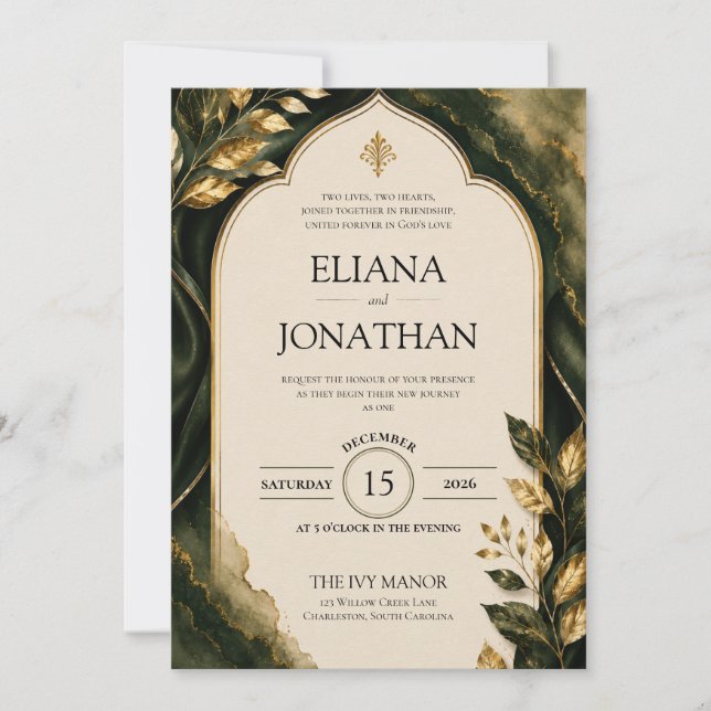Invitación de boda Royal Emerald Leaf (Anverso)