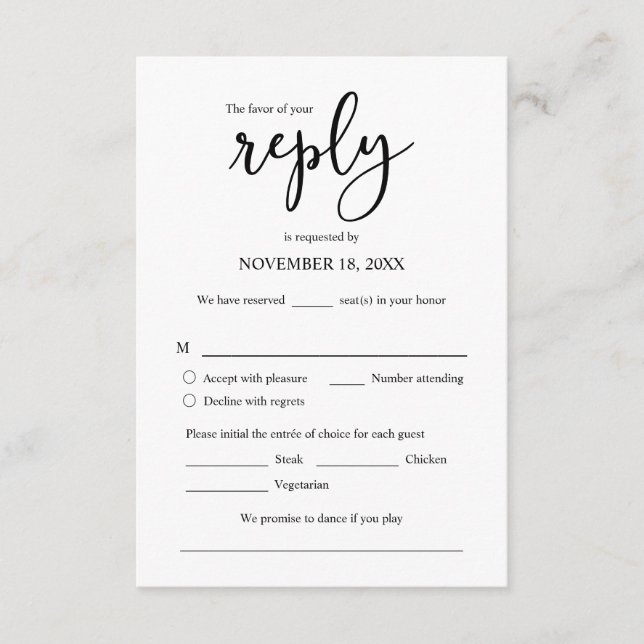 Invitación de boda RSVP Responder, opción de comid (Anverso)