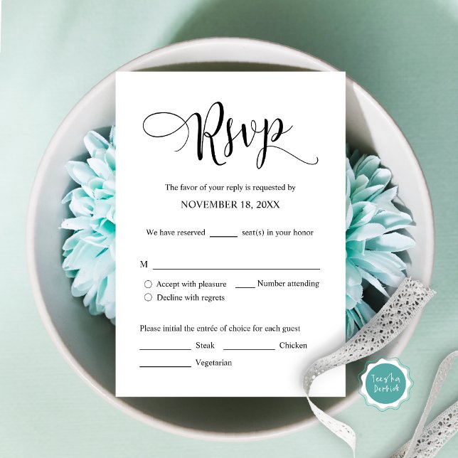 Invitación de boda RSVP Responder, opción de comid (Modern Wedding Invitation RSVP card, with meal options, accept, decline and number attending.)