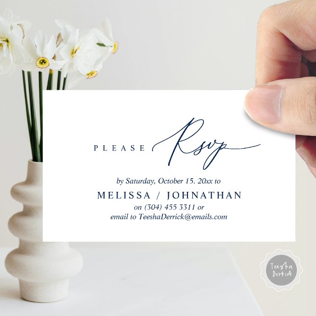 Invitación de Boda RSVP romántica moderna a cenar (Modern Romantic RSVP Wedding Dinner Invitation Enclosed Reminder Online Email Card, Navy Blue)