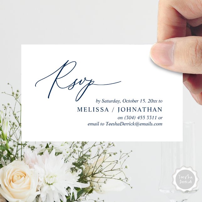 Invitación de Boda RSVP romántica moderna a cenar (Modern Romantic RSVP Wedding Dinner Invitation Enclosed Reminder Online Email Card, Navy Blue)