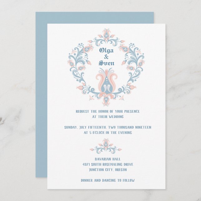 Invitación de Boda Rubor y azul de arte folclórico (Anverso / Reverso)