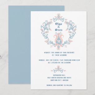 Invitación de Boda Rubor y azul de arte folclórico