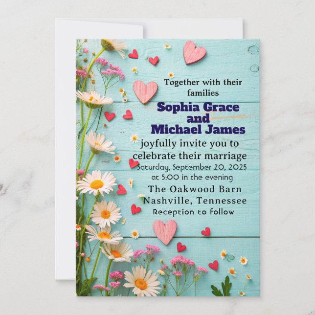 Invitación de boda Rustic Daisy & Heart (Anverso)